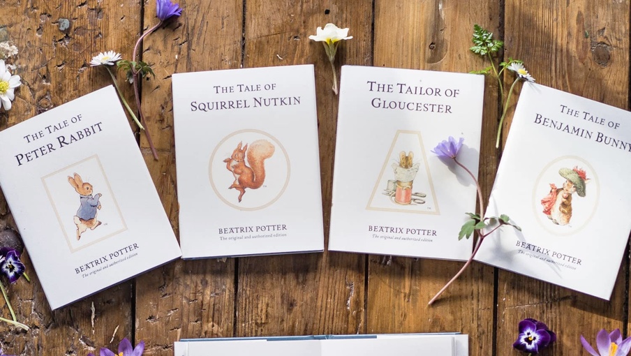 Background image of the classic Peter Rabbit Tales books that sits behind the shop element