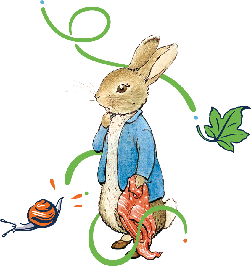 An image of Peter Rabbit looking lost with some extra decorative elements