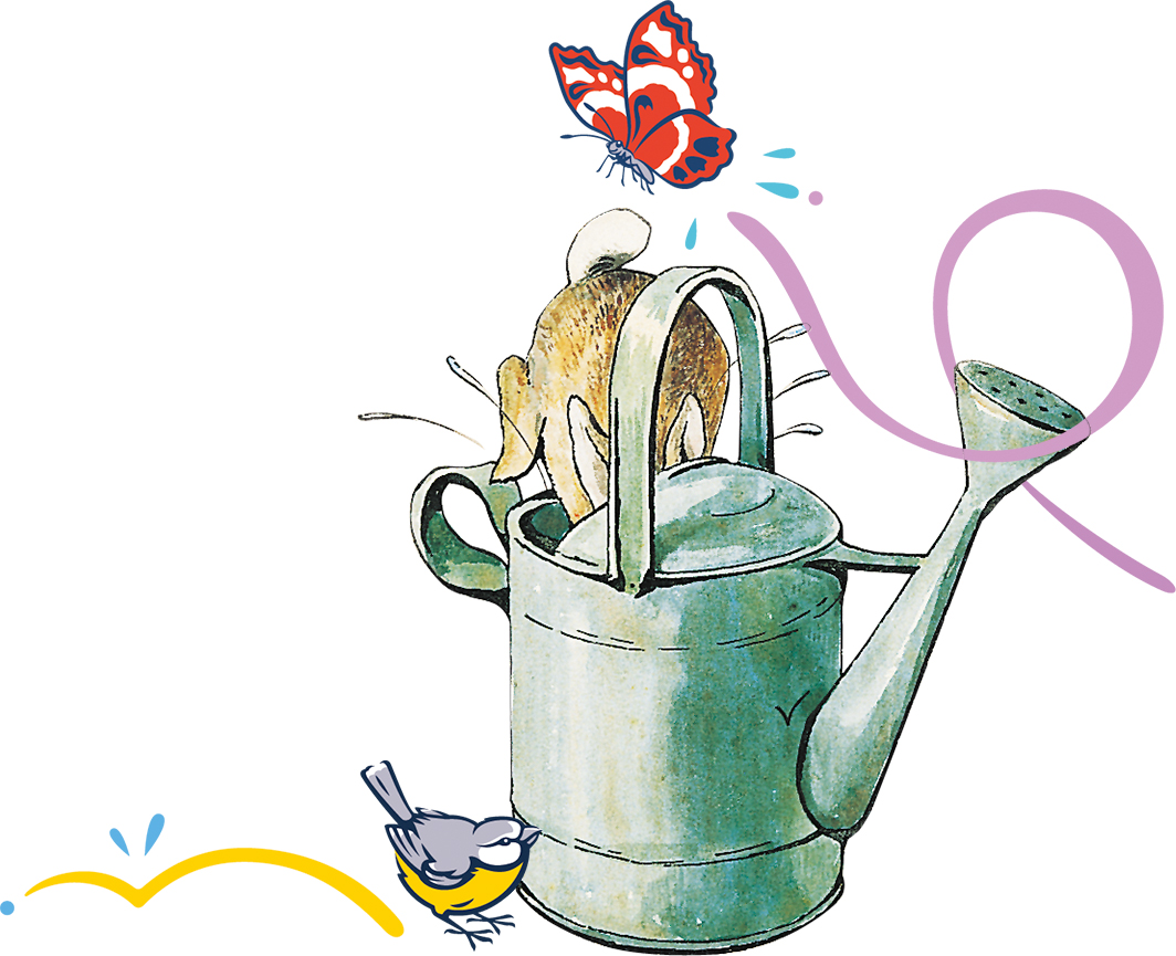 An image of Peter Rabbit hopping into a watering can with some extra decorative elements
