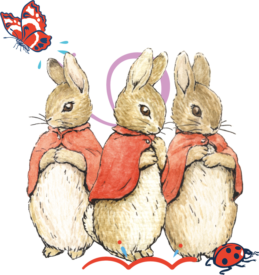 An image of Flopsy, Mopsy and Cotton-tail with some extra decorative elements