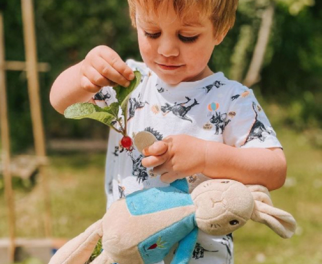 An image of a young child playing with a Peter Rabbit toy available from The World of Peter Rabbit shop