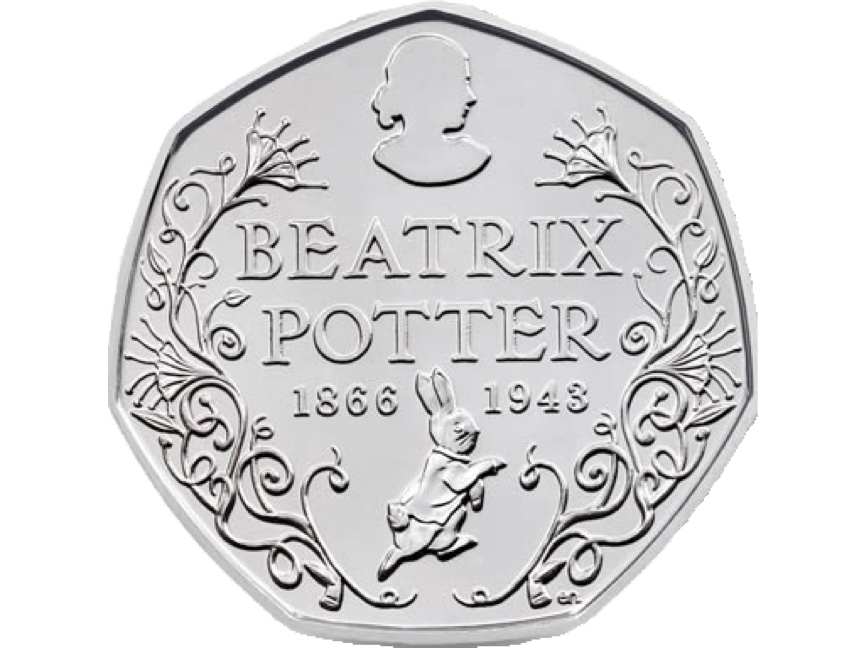 An image of the commemorative 50 pence piece to released to commemorate the 150th birthday of Beatrix.