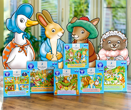 An image of a selection of Peter Rabbit games from Orchard Toys.