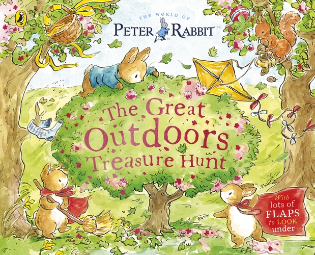 Front cover of The Great Outdoor Treasure Hunt Peter Rabbit and his sisters tidying items such as a kite stuck in a tree